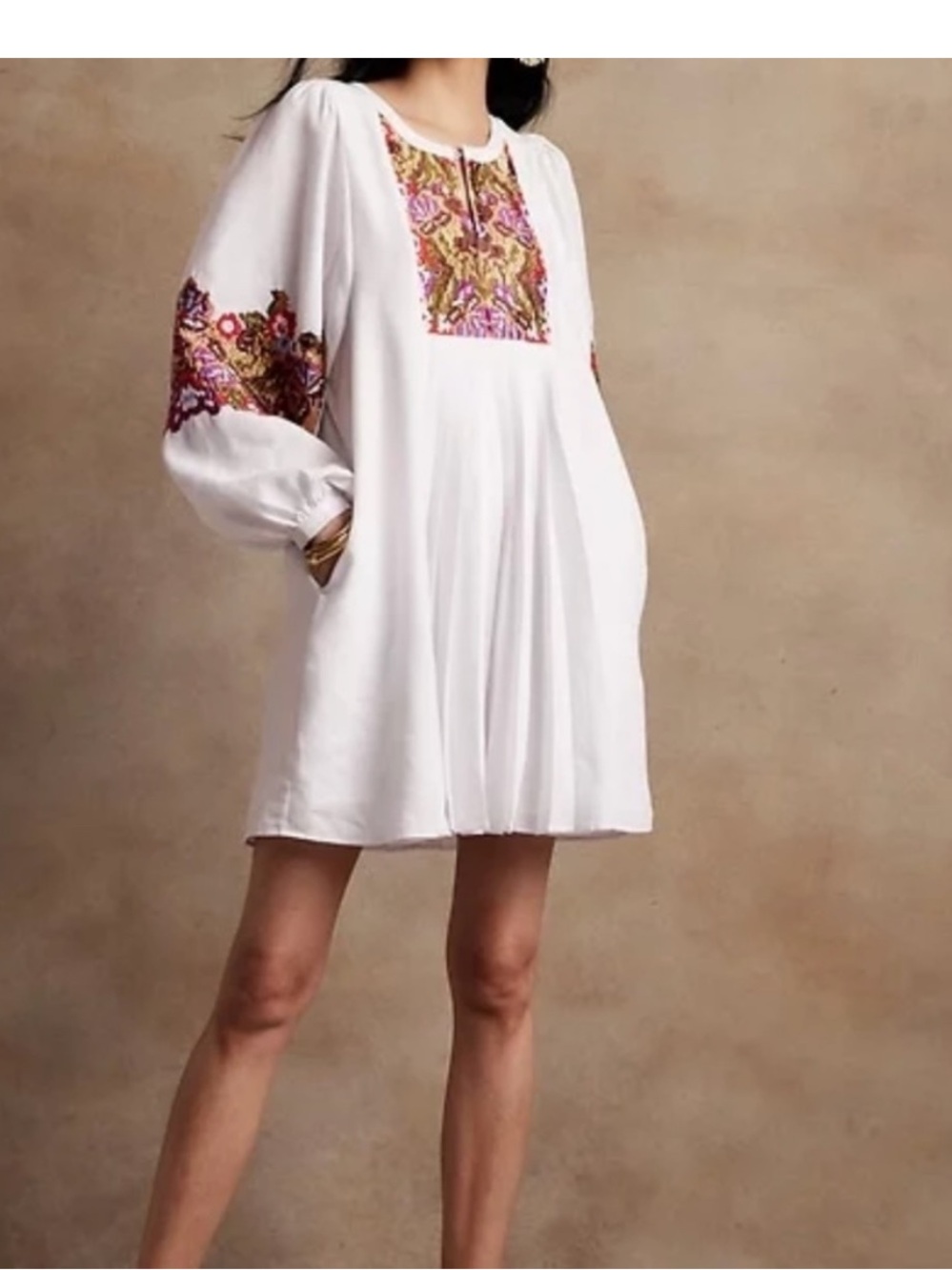 Banana Republic White Dress with Multicolor Embroidered Front Panel